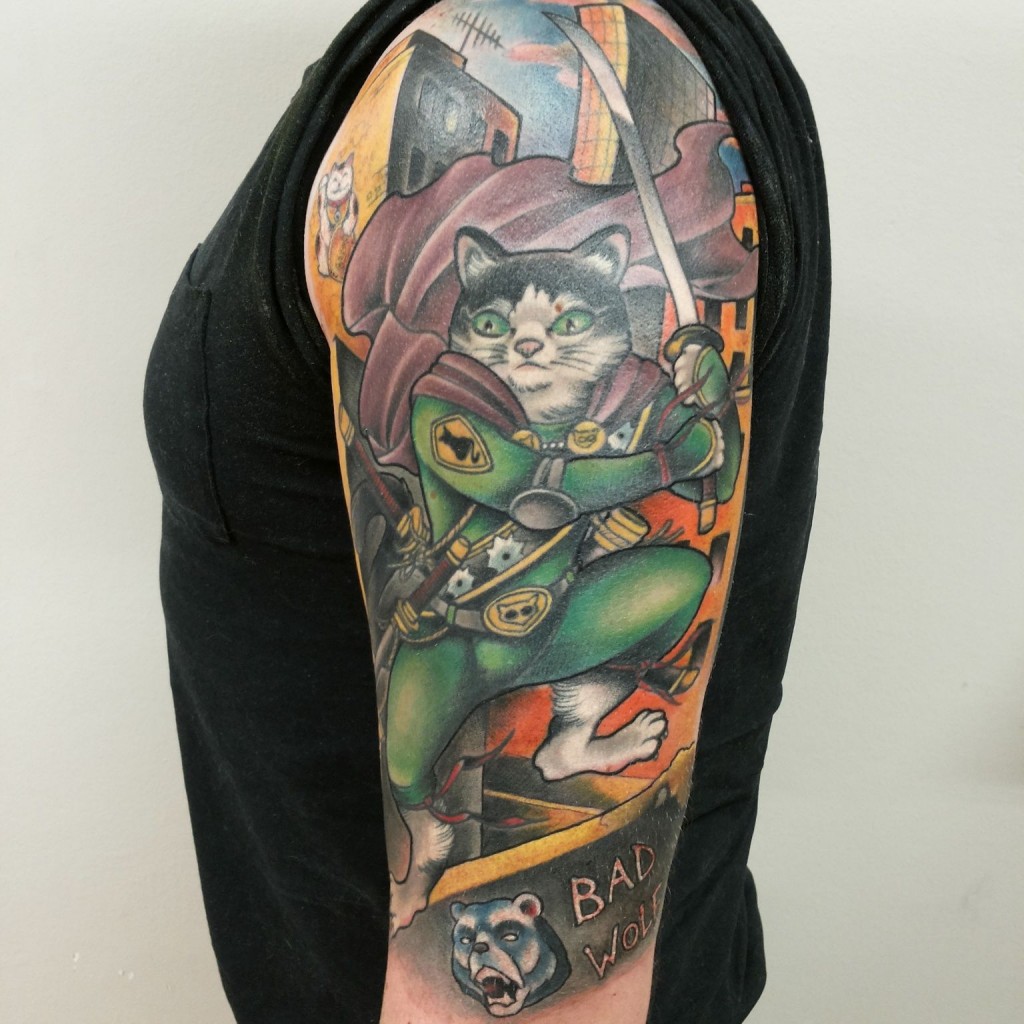 super hero cat, cat tattoo, cattoo, color tattoo, comic style tattoo, neo traditional tattoo, superhero tattoo, superhero , zombie tattoo, Matzon