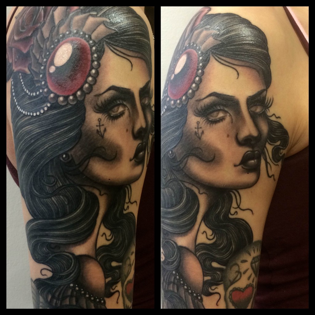 neo traditional woman tattoo